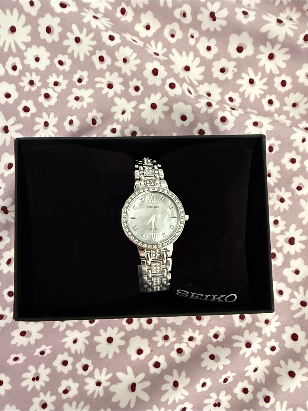 Seiko Women's Silver Crystal-Accent Bracelet Watch with Mother-of-Pearl Dial